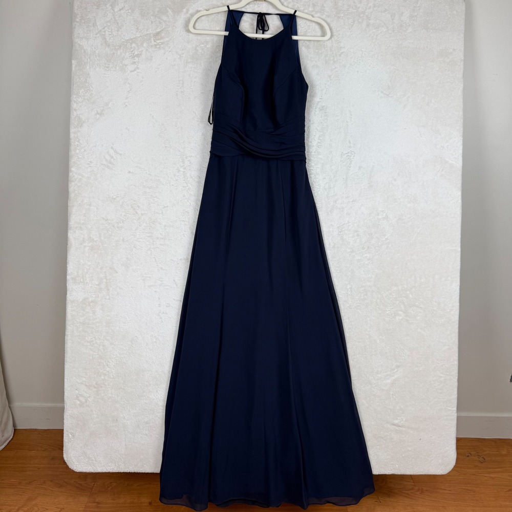 Wtoo Navy Blue Halter Ruched Waist Chiffon Bridesmaid Dress Size 8 Open Back